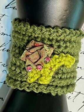 CUFF/BRACELET~Garden Green~Handmade Crocheted~Ribbon Rose with Pink Rhinestones